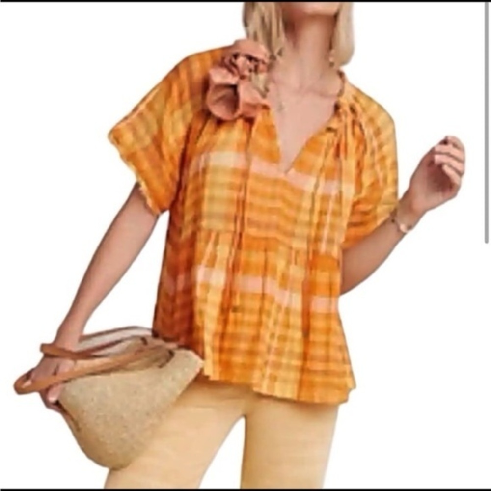 Anthropologie Pilcro The Bette Babydoll Top Orange Tie Neck Flowy Peasant XL